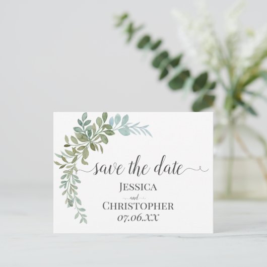 Soft Green Eucalyptus Watercolor Rustic Wedding Aankondigingskaart (Staand voorkant)
