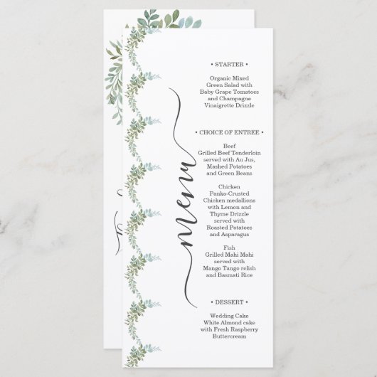 Soft Green Eucalyptus Watercolor Rustic Wedding Menu (Voorkant / Achterkant)