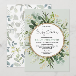 Soft Green Gold Botanical Greenery Baby shower Kaart