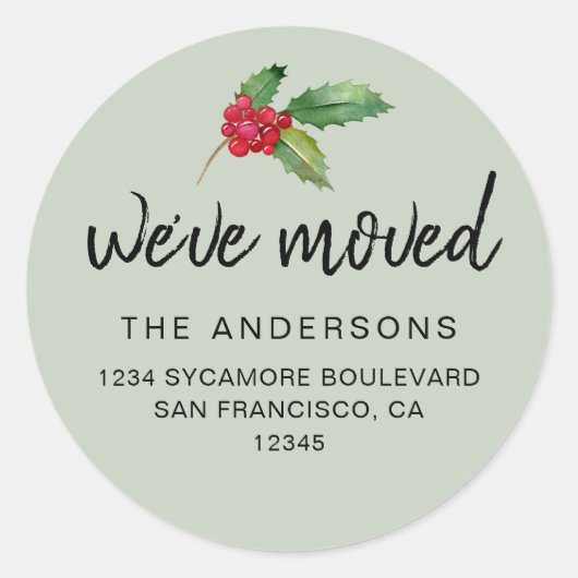 Soft Green Holly We’ve Moved Address Ronde Sticker (Voorkant)