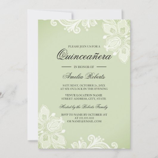 Soft Green Lace Quinceanera Uitnodiging (Voorkant)