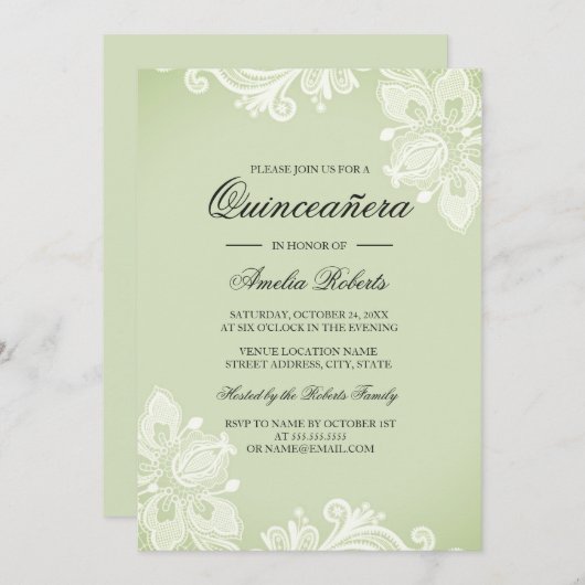 Soft Green  Lace Quinceanera Uitnodiging (Voorkant / Achterkant)