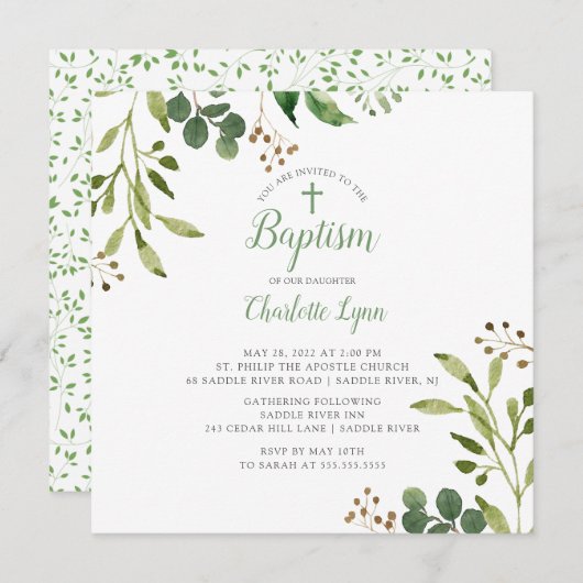 Soft Green Leaf Baptism Invitation Kaart (Voorkant / Achterkant)
