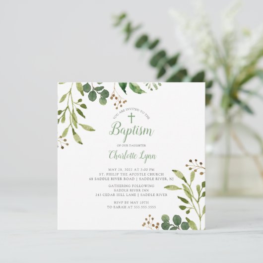 Soft Green Leaf Baptism Invitation Kaart (Staand voorkant)