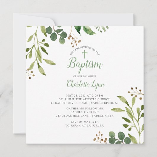 Soft Green Leaf Baptism Invitation Kaart (Voorkant)