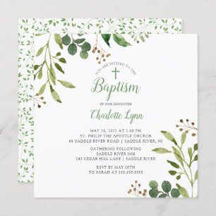 Soft Green Leaf Baptism Invitation Kaart