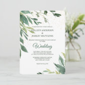 Soft Green Leaves Gold Confetti Modern Wedding Kaart (Staand voorkant)