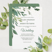 Soft Green Leaves Gold Confetti Modern Wedding Kaart