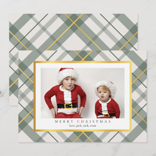 Soft Green Tartan Plaid Faux Gold Christmas Kaart (Voorkant / Achterkant)