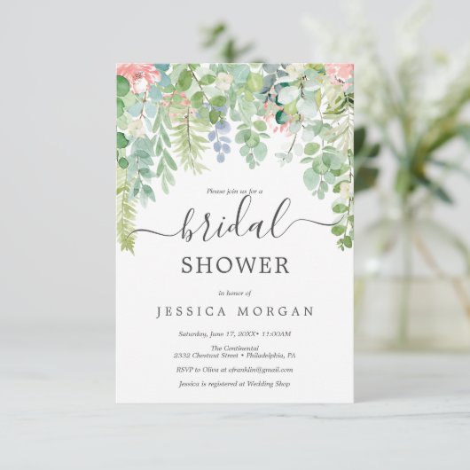 Soft Greenery Bridal Shower Invitation Kaart (Staand voorkant)