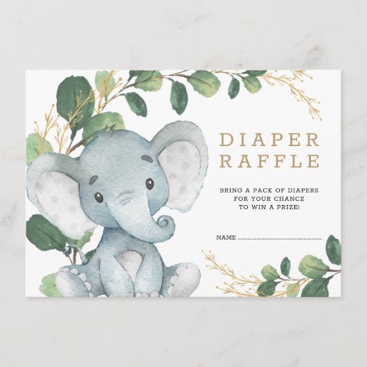 Soft Greenery Gold Baby Elephant Diaper Raffle Informatiekaartje (Voorkant)