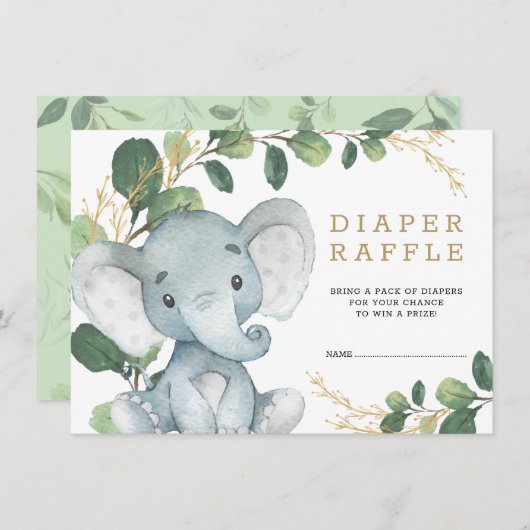 Soft Greenery Gold Baby Elephant Diaper Raffle Informatiekaartje (Voorkant / Achterkant)