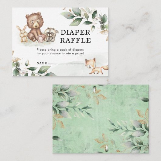 Soft Greenery Woodland Baby shower Diaper Raffle E Informatiekaartje (Voorkant / Achterkant)