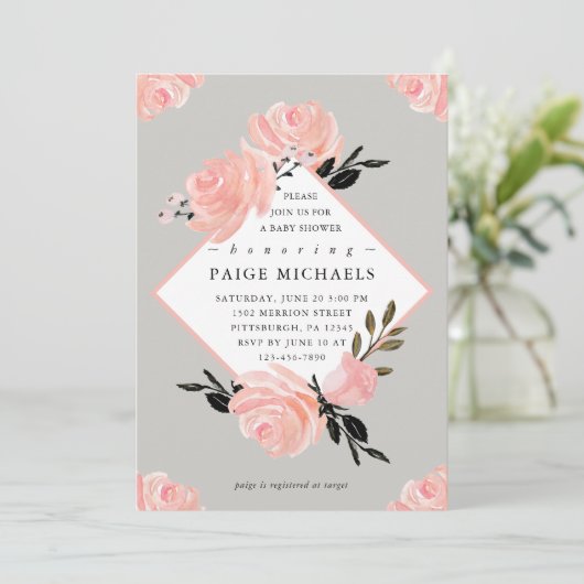 Soft Grey en Blush Bloemen Baby shower Kaart (Staand voorkant)