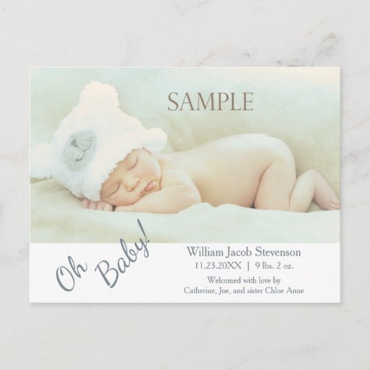 Soft Grey Oh Baby Modern Birth Announcement Aankondigingskaart (Voorkant)