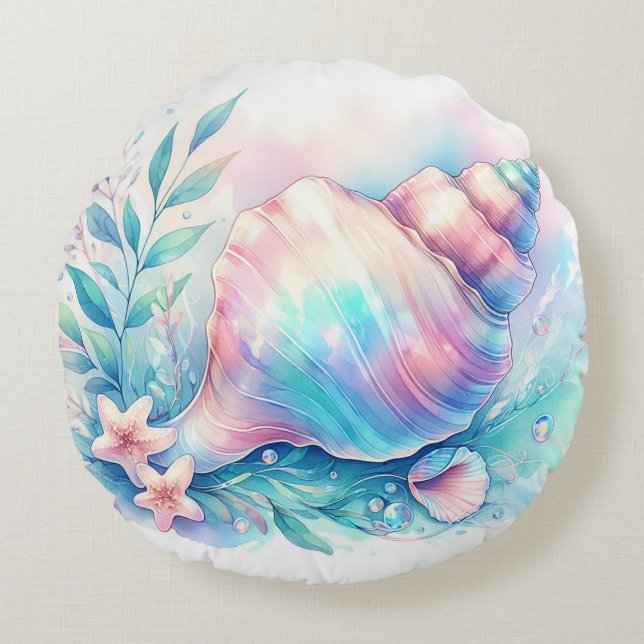 Soft Iridescent Pastel Hues Conch Seashell Rond Kussen (Voorkant)