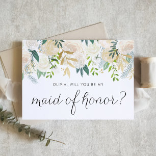Soft Ivory Flowers Gold Maid of Honor-voorstel Kaart