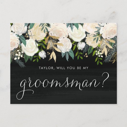 Soft Ivory Flowers Rustic You Will Be My Groomsman Uitnodiging Briefkaart (Voorkant)