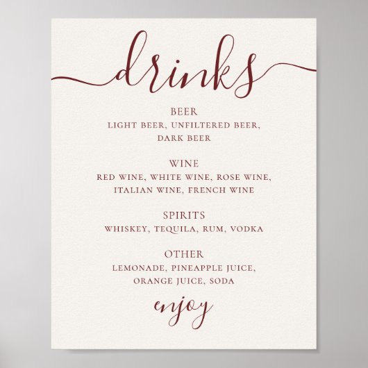 Soft Ivory Wedding Drinks Menu | Script Bar Sign Poster (Voorkant)