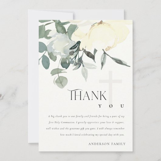 SOFT IVORY WHITE AQUA FLORAL FIRST HOLY COMMUNION BEDANKKAART (Voorkant)