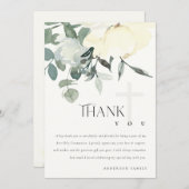 SOFT IVORY WHITE AQUA FLORAL FIRST HOLY COMMUNION BEDANKKAART (Voorkant / Achterkant)