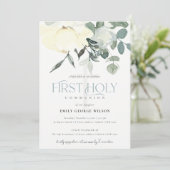 SOFT IVORY WHITE AQUA FLORAL FIRST HOLY COMMUNION KAART (Staand voorkant)