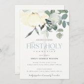 SOFT IVORY WHITE AQUA FLORAL FIRST HOLY COMMUNION KAART (Voorkant / Achterkant)