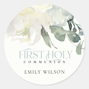 SOFT IVORY WHITE FLORAL AQUA FIRST HOLY COMMUNION RONDE STICKER