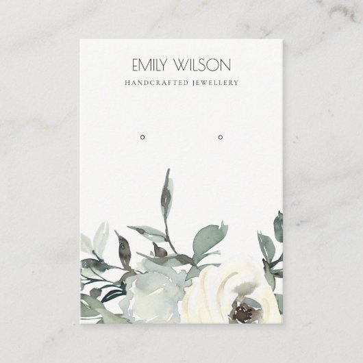 SOFT IVORY WHITE FLORAL BUNCH EARRING DISPLAY VISITEKAARTJE (Voorkant)