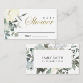 SOFT IVORY WHITE FLORAL WATERVERF BABY SHOWER PLAATSKAARTJE (Voorkant / Achterkant)
