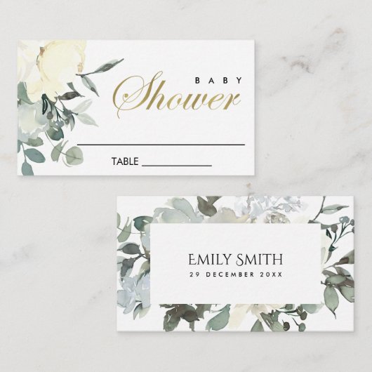 SOFT IVORY WHITE FLORAL WATERVERF BABY SHOWER PLAATSKAARTJE (Voorkant / Achterkant)