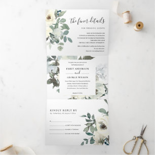 SOFT IVORY WHITE FLORAL WATERVERF BUNCH WEDING DRIELUIK UITNODIGING