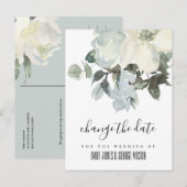SOFT IVORY WHITE FLORAL WEDDING VERANDERT DE DATUM AANKONDIGINGSKAART (Voorkant / Achterkant)