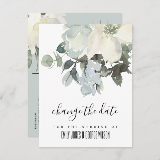 SOFT IVORY WHITE FLORAL WEDDING VERANDERT DE DATUM AANKONDIGINGSKAART (Voorkant / Achterkant)
