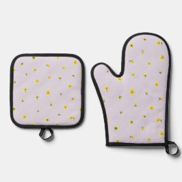Soft Lavender Japanese Yellow Viola Floral Pattern Ovenwant & Pannenlap Set