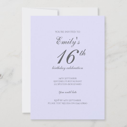 Soft Lavender Minimalist 16th Birthday Invitation Kaart (Voorkant)