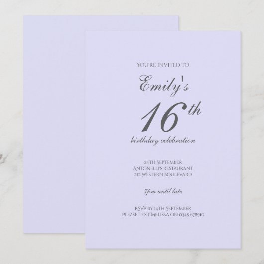 Soft Lavender Minimalist 16th Birthday Invitation Kaart (Voorkant / Achterkant)