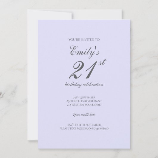 Soft Lavender Minimalist 21st Birthday Invitation Kaart (Voorkant)