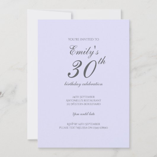 Soft Lavender Minimalist 30th Birthday Invitation Kaart (Voorkant)
