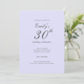Soft Lavender Minimalist 30th Birthday Invitation Kaart (Staand voorkant)