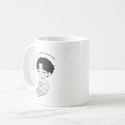 Soft Life Loading Cozy Chibi Boy Tea Koffiemok (Voorkant links)