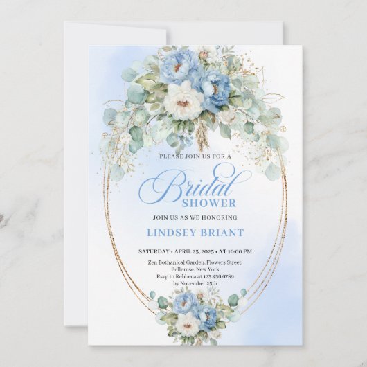Soft Light Blue Peonies Gold Bridal Shower Invite Kaart (Voorkant)