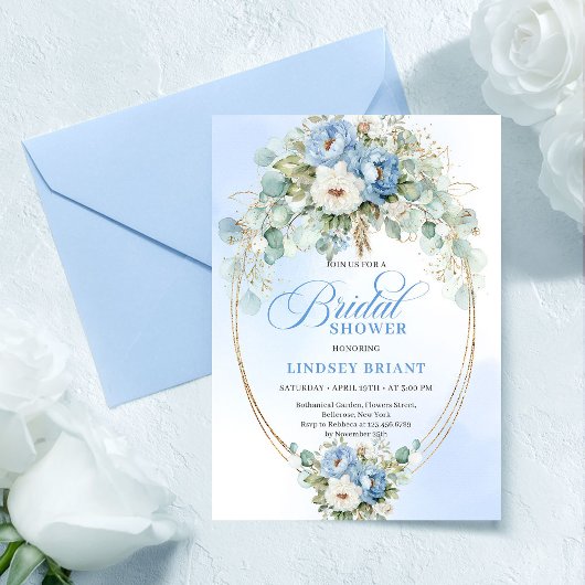 Soft Light Blue Peonies Gold Bridal Shower Invite Kaart