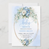 Soft Light Blue Peonies Greenery Gold Baby Shower Kaart (Voorkant)