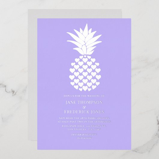 Soft Lilac & Silver Tropical Pineapple Wedding Folie Uitnodiging (Voorkant / Achterkant)