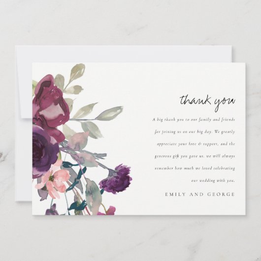 SOFT MAUT PAARSE LILA WATERVERF FLORAL WEDING BEDANKKAART (Voorkant)