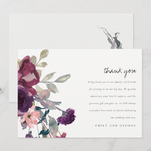 SOFT MAUT PAARSE LILA WATERVERF FLORAL WEDING BEDANKKAART (Voorkant / Achterkant)