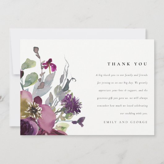 SOFT MAUT PAARSE LILA WATERVERF FLORAL WEDING BEDANKKAART (Voorkant)