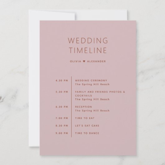 Soft Mauve Pink Timeline. Spring Wedding Itinerary Kaart (Achterkant)