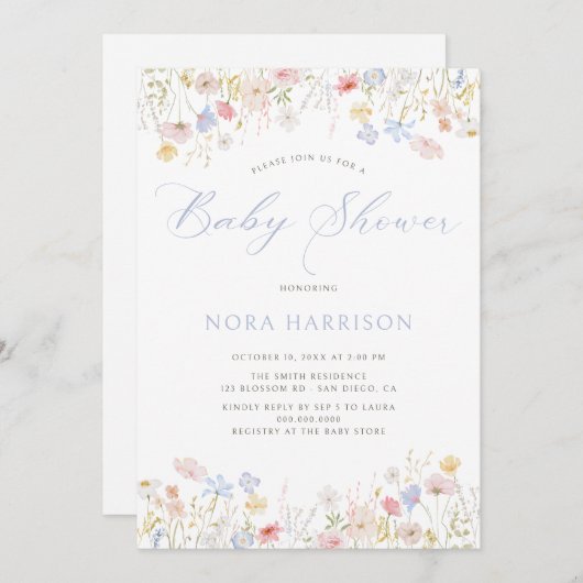 Soft Meadow Blue Script-Baby shower Kaart (Voorkant / Achterkant)